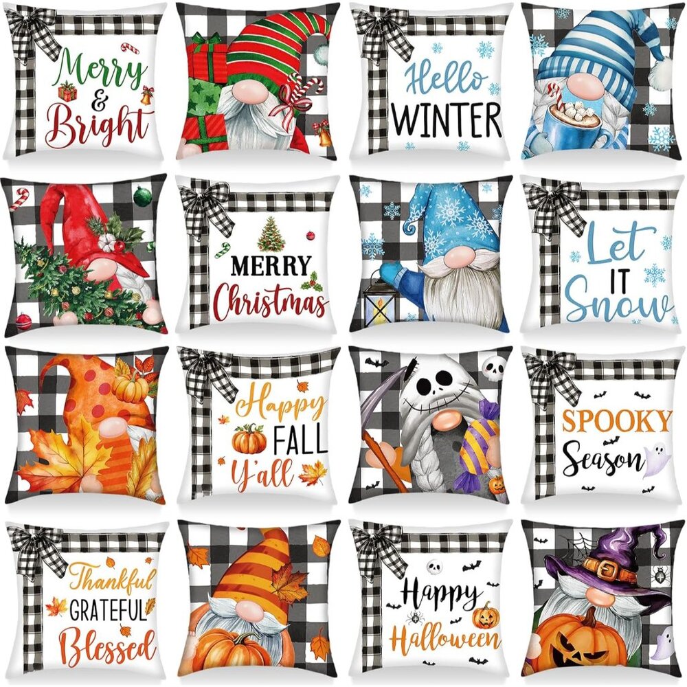 Set of 16 Christmas Pillow Covers 18 x 18 Inch Holiday Gnome Throw Pillow Covers